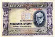 Lote 183 - ESPANHA - Nota de 22.07.1935 de 50 pesetas “Santiago Ramon y Cajal”. Sem classificação atribuída pela Oportunity, cabe ao licitante atribuir a classificação e a valorização que entender correta