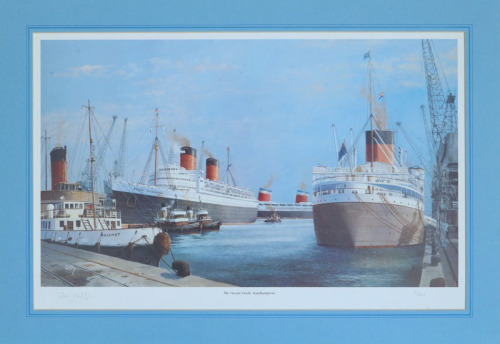 Lote 20 - COLIN VERITY - Litografia sobre cartão, assinada manualmente, série 5/500, Edição Dolphin Fine Art (0202-674629), motivo "The Ocean Dock, Southampton". Dim: mancha 33,5x56,5 cm. Dim: suporte 42x63 cm. Sem Moldura, com passpartout azul