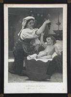 Lote 137 - BONHEUR MATERNEL - Gravura sobre papel por v. Thirion e W. Bouguereau, título "Bonheur Maternel". Dim: mancha 56x40 cm. Dim: suporte 67x47 cm. Dim: moldura 73x53 cm. Nota: papel com manchas