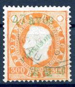 Lote 205 - SELOS, MACAU - RARO Selo de 1894 da série “D. Luís I, fita direita, com sobrecarga PROVISORIO e sobretaxa” (Mundifil #68 4 Avos sobre 300 Réis), usado, excelente carimbo, bom valor de catálogo. Sem classificação atribuída pela Oportunity, cabe ao licitante atribuir a classificação e a valorização que entender correta.