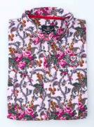 Lote 22 - L`ARGENTINA, CAMISA DE SENHORA - Modelo em tecido de algodão e licra de padrão floral rosa, com botões de madrepérola da marca, manga comprida e bordados nas costas junto ao colarinho, manga e peito. Camisa com pvp entre € 125 e € 175. Tamanho 42. Nota: sem uso, com etiquetas, colecção Primavera/Verão