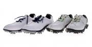 Lote 124 - FOOTJOY, SAPATOS DE GOLFE - Modelo de senhora, um par em branco e verde com atacadores brancos e um par em branco e azul com atacadores azuis. Tamanhos 35 e 36,5 (respectivamente). Nota: sinais de uso