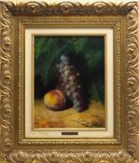 Lote 25 - A. MONTES - Original - Pintura a óleo sobre tela, motivo Natureza Morta com Frutos, assinada, com moldura em madeira dourada entalhada com motivos vegetalistas. Dimensão: mancha pictórica 34,5x26,5 cm, moldura 60x52 cm.