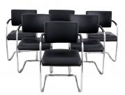 Lote 5010 - GUIALMI, CADEIRAS - Conjunto de 6 cadeiras com estrutura tubular cromada. Assentos e costas estofados em pele preta. Dim: 85x55x52 cm. Nota: sinais de uso