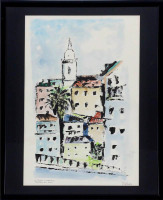 Lote 159 - JOÃO ALBERTO, SÉC. XX - Original – Pintura de técnica mista sobre papel, assinada, título “Lisboa - Alfama - Portas do Sol”. Dim: mancha 45x30 cm. Dim: moldura 53x43 cm.