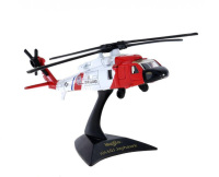 Lote 189 - MAISTO, HH-60J JAYHAWK – Modelo miniatura de helicóptero U.S. Coast Guard. Miniatura à escala não inscrita. Em metal branco e vermelho, com componentes em plástico. Suporte de exposição em plástico preto com referências. Made in China. Dim: 12 