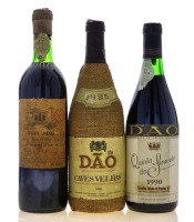 Lote 2329 - GARRAFAS DE VINHO TINTO - Conjunto de 3 garrafas de Vinho Tinto composto por uma garrafa de Dão Caves Velhas 1985, (750ml - 12%vol.), uma garrafa de Dão Quinta do Serrado 1990, (750ml - 12%vol.) e uma garrafa de Frei João Reserve, Colheita de 