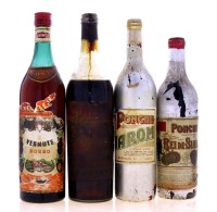 Lote 2553 - GARRAFAS DIVERSAS - Conjunto de 4 garrafas composto por uma garrafa de Vermute Cinzano, Francesco Cinzano, Torino, (1000ml aprox.), uma garrafa de Vermute Gancia Rosso, (1000ml aprox. - 16%vol.9, uma garrafa de Ponche Rei de Siam, Fórmula Nº2 