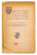 Lote 21 - PROMPTUARIO ANALYTICO DOS CARROS NOBRES DA CASA REAL PORTUGUESA E DAS CARRUAGENS DE GALA - Por J. M. Pereira Botto. Exemplar idêntico encontra-se à venda por € 300. 1909, Imprensa Nacional, Lisboa. Encadernação de capa de brochura. Profusamente ilustrado. Nota: falhas e defeitos, páginas por aparar. Consultar valor indicativo em http://www.castroesilva.com/store/sku/1811PG020/promptuario-analytico-dos-carros-nobres-da-casa-real-portuguesa-e-das-carruagens-de-gala