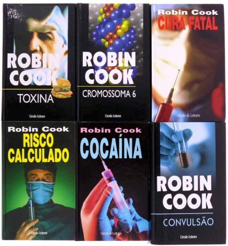 Lote 884 - CONJUNTO DE LIVROS DA AUTORIA DE ROBIN COOK - 6 Vols. "RISCO CALCULADO" (1996); "COCAÍNA" (1994); "CONVULSÃO" (2013); "CROMOSSOMA" 6 (2000); "CURA FATAL" (1995); "TOXINA" (2000). Edição do Círculo de Leitores, Lisboa. Encadernações cartonadas. 