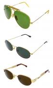 Lote 15 - CONJUNTO DE OCULOS DE SOL VINTAGE - Conjunto de 3 pares de óculos vintage com armação metálica dourada. Lentes verdes, azuis e castanhas. Nota: sinais de uso