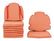 Lote 109 - COCHINS EM TECIDO - Conjunto de 10 cochins para cadeiras em tecido, com padrão listado em tons de vermelho e branco, sendo 8 para cadeiras e 2 para cadeirões. Com atilhos. Dim aprox: 47x49 e 52x59 cm (respetivamente). Nota: sinais de uso e desgastes