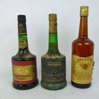 Lote 939 - Lote de 3 Garrafas; Brillant Savarin grande fine Armagnac, Brillant Savarin Cherry Licor e Aveleda Bagaceira Velha, para coleccionador. Nota: 1 garrafa com fuga.