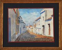 Lote 5058 - EDGAR D'ARAÚJO PLANTIER (1881-1960) - Original - Pintura a aguarela sobre cartão, assinada (a monograma) e certificada no verso, motivo "Aldeia Alentejana". Dim.: mancha 17,5x23 cm. Dim.: moldura 26x32 cm