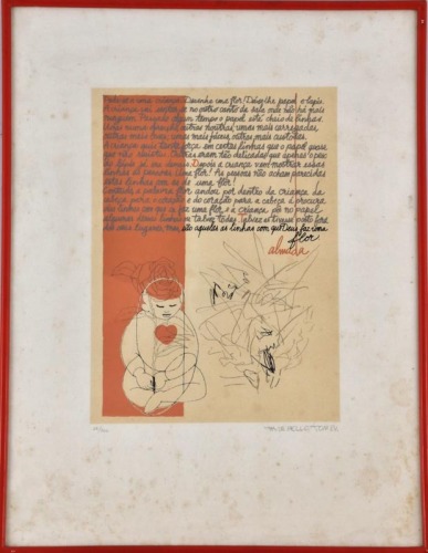 Lote 5174 - THOMAZ DE MELLO / TOM (1906-1990) - Serigrafia sobre papel, assinada, datada de 1984, série 62/200, motivo "Criança com Texto de Almada". Dim: mancha 46x33 cm. Dim: suporte 74x55 cm. Dim: moldura 76x58 cm. Serigrafia deste autor foi vendida po