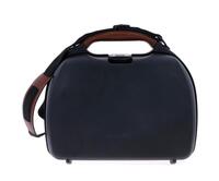 Lote 5341 - SAMSONITE, NECESSAIRE - Modelo de senhora em plástico rígido de cor preta, fecho com código, pega revestida a pele castanha, alça preta, interior compartimentado em bege e preto, com espelho. Dim: 32x38x18 cm. Nota: sem uso