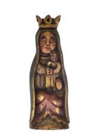 Lote 5471 - NOSSA SENHORA COM MENINO, ESCULTURA - Em madeira com decoração entalhada e relevada em policromia e dourado de figura de Nossa Senhora com manto e coroa segurando o menino. Dim: 33 cm (altura). Nota: vestígios de xílofagos, pequenas falhas