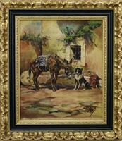 Lote 5658 - MARIA XAVIER, SÉC. XIX/XX - Original - Pintura a óleo sobre tela, assinada, motivo "Cena Rural com Burro e Cão”. Dim: mancha 37x31 cm. Dim: moldura 52x46 cm. Nota: obra reentelada