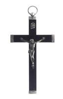 Lote 5686 - CRUCIFIXO EM MADEIRA COM APLICAÇÕES EM PRATA 833 SÉC. XIX/XX - Imagem de Cristo na Cruz, placa IRNI, aplicações nos terminais e argola de suspensão em prata, cruz em madeira. Nota: sinais de uso e desgastes. Com marcas de contraste em vigor de