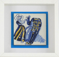 Lote 5700 - PAULA REGO (n.1935) - Azulejo Viúva Lamego, ostentando no verso uma assinatura impressa e chancela das "Cerâmicas Ratton" (ver fotografia na face posterior do quadro), múltiplo de edição não numerada, motivo "Mulher e Ave Exótica". Dim.: azul