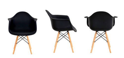 Lote 5799 - CADEIRAS DSW CHARLES & RAY EAMES - Conjunto de 3 cadeiras de braços, reproduções das cadeiras DSW Charles & Ray Eames, modelo Eames DAW chair de 1950. Em polipropileno preto, base em madeira e aço. Conjunto de 3 cadeiras originais com valor de