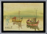 Lote 5076 - HILARIO ROBERTO (n.1927) - Original - Pintura a óleo sobre platex, assinada, motivo "Marinha - Barcos de Pesca". Dim: mancha 19x27 cm. Dim: moldura 23x31cm. Óleo deste artista foi vendido por € 1.000 numa leiloeira de Lisboa