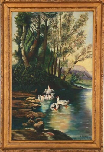 Lote 5080 - M. MARGARIDA - Original - Pintura a óleo sobre tela, assinada, datada de 1955, motivo "Paisagem com Patos". Dim: mancha 92x58 cm. Dim: moldura 108x74 cm