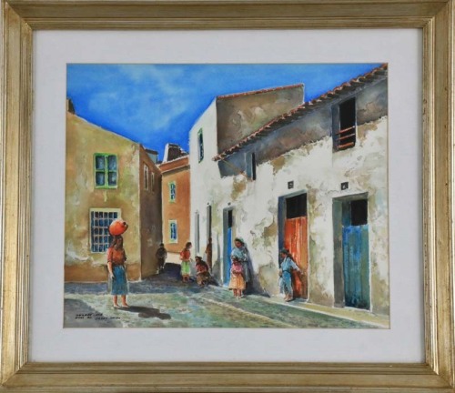 Lote 5090 - JESUS GUIDO (n.1934) - Original - Pintura a aguarela sobre papel, assinada, título "Nazaré - Vila - Anos 30". Dim: mancha 46x56 cm. Dim: moldura 68x78 cm. Obra deste autor foi vendida por € 440 na Oportunity Leilões. Consultar valor indicativo