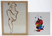 Lote 20 - AZULEJO E PINTURA - azulejo em grés com impressão de pintura de Miró, azulejo de 1999, com 20x20 cm, e Pintura a aguarela sobre papel, motivo Nú Feminino, assinada e datada (?), com moldura em madeira, com 29x22,5 cm. Ligeiras marcas