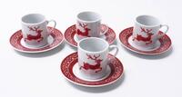 Lote 140 - CHÁVENAS DE CAFÉ - conjunto de quatro chávenas de café em porcelana, com respetivos pires, ornamentadas a vermelho, em caixa. Nunca usadas