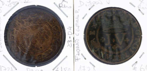 Lote 51 - PORTUGAL, MOEDAS DE 10 RÉIS EM COBRE, ANO 1721 - Reinado de D. João V. Dim: 37 mm. Sem classificação atribuída pela Oportunity Leilões, cabe ao licitante atribuir a classificação e a valorização que entender correta