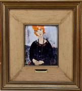 Lote 41 - MODIGLIANI (1884-1920) - Placa de esmalte a fogo à maneira de Limoges, motivo "Mulher com Colar". Dim: mancha 15x13 cm. Dim: moldura 34x31 cm. Verso da obra inclui um certificado da Galeria El Greco, referindo que pertence à colecção "Mestres do Impressionismo"