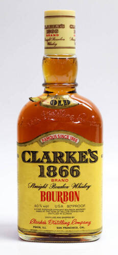 Lote 71 - WHISKY CLARKE'S 1866 BRAND STRAIGHT BOURBON WHISKY - Garrafa de whisky Clarke's (40% vol - 70 cl). Garrafa dos Anos 1970's. Nota: garrafa idêntica vendida por £ 66,00 ca. de € 80. Consultar valor indicativo em https://whiskyauctioneer.com/lot/16