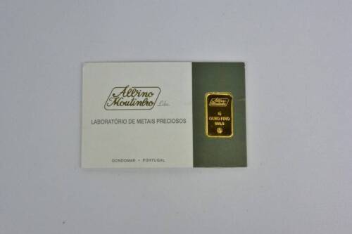 Lote 2608 - Barra de Ouro Fino 999,9 com 5 gr de Ouro Puro e com certificado de garantia emitido por Albino Moutinho Lda, em bolsa própria individualmente acondicionado