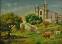 Lote 2929 - Duarte Pimentel - Original - Pintura a óleo sobre cartão, motivo "Igreja de Nossa Senhora da Piedade - Santarém", assinada, mancha colorida com 32x46 cm, moldura dourada com 55x68 cm. NOTA: Duarte Pimentel frequentou a Escola António Arroio e 