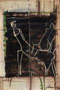 Lote 2931 - Bual - Original - Painel de 6 azulejos, assinado e datado de 1986, motivo "Figura Feminina a Cavalo", com 44x29 cm (moldura com 48x33 cm). Nota: Artur Bual é considerado o maior pintor gestual português, sendo detentor de umestilo único, muito apreciado e bastante valorizado. Obra proveniente de colecção particular. Este painel tem um pvp estimado em galeria de 2500€
