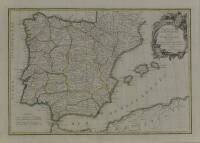 Lote 2944 - Gravura do séc XVIII, aguarelada manualmente, motivo "Mapa da Península Ibérica da autoria do geógrafo Francês, Jean Janvier", ostenta no canto superior direito uma "cartuche" com as armas dos reinos de Portugal e de Espanha, mancha colorida c