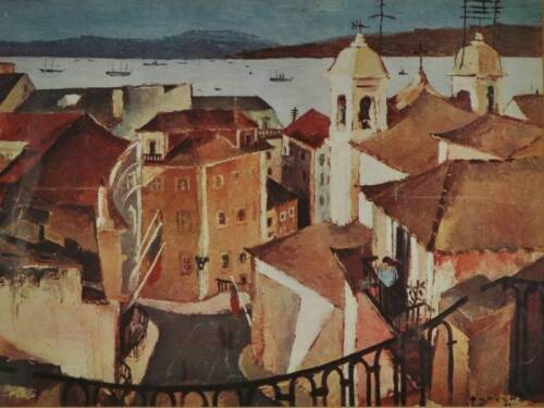 Lote 148 - Botelho - Reprodução sobre papel de uma obra de 1935, motivo "Vista de Lisboa", com 30x40 cm (moldura com 48x58 cm)