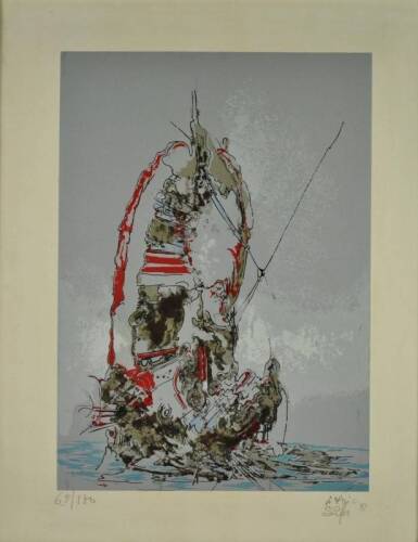 Lote 198 - Mário Silva - Serigrafia sobre papel, assinada e datada de 1991, série numerada 65/180, motivo "Barco", com 50x35 cm (moldura com 70x56 cm, com falhas, sem vidro e papel com manchas e defeitos)