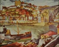 Lote 213 - Quadro com reprodução sobre papel de uma obra de Dórdio Gomes de 1935, motivo "Vista do Porto", com 28x28 cm (moldura com 28x32 cm, falhas)