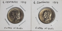 Lote 28 - MOEDAS DA REPÚBLICA PORTUGUESA - Duas moedas de 4 centavos, 1917 e 1919, em Cupro Niquel, diâmetro 25mm. Sem classificação atribuida pela Oportunity, cabe ao licitante atribuir a classificdação e a valorização que entender correta