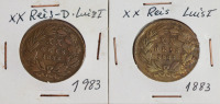 Lote 33 - MOEDAS DA MONARQUIA PORTUGUESA - Duas moedas de XX Réis em Bronze 1883 D. Luís I. Sem classificação atribuida pela Oportunity, cabe ao licitante atribuir a classificdação e a valorização que entender correta