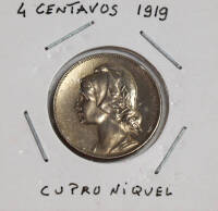 Lote 46 - MOEDA DA REPÚBLICA PORTUGUESA - Moeda 4 centavos 1919 em Cupro Niquel, diâmetro 25mm. Sem classificação atribuida pela Oportunity, cabe ao licitante atribuir a classificdação e a valorização que entender correta