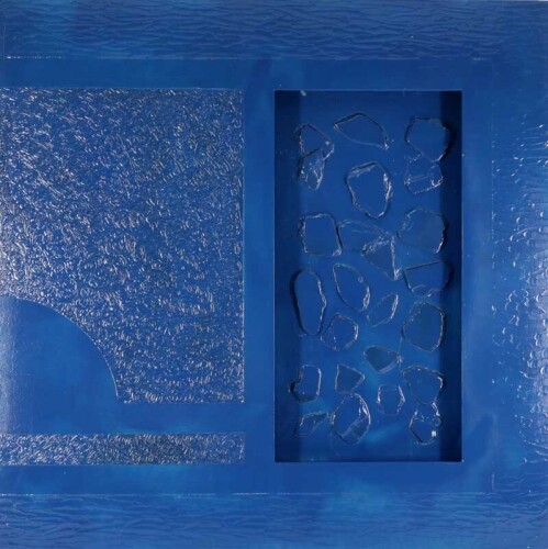 Lote 5 - PAINEL DECORATIVO - Original - Pintura a acrílico sobre madeira, não assinada, motivo "Composição Abstracta Azul". Dim: mancha 90x90 cm