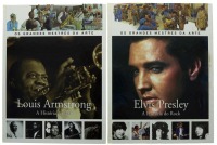 Lote 128 - OS GRANDES MESTRES DA ARTE, LIVROS - 2 Vols. "Elvis Presley - A História do Rock" e "Louis Armstrong - A História do Jazz”, Editora: Dogi / Quidnovi, 1997. Dim: 32,5x25 cm. Encadernações Cartonadas. Profusamente ilustrados. Nota: sinais de manu