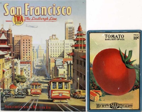 Lote 96 - PLACAS DECORATIVAS - Conjunto de 2 placas em metal, motivo "San Francisco" e "Tomato". Dim: 40x32 cm e 30x20 cm