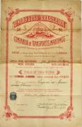 Lote 1113 - Título de Cinco Acções de 1920, da empresa "União Luso-Brasileira, Cª de Transportes Marítimos, com valor nominal de Esc.100$00. Nota: Papel com vincos e manchas, com 44x28 cm (dupla folha). Apresenta selo branco e assinaturas