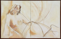 Lote 14 - PINTO FAIA (n.1962) - Original - Pintura a acrílico sobre tela, motivo Nú Feminino, assinado, com moldura em madeira. Dimensão: mancha 69,5x109,5 cm, moldura 72,5x112,5 cm. Bom estado. Nota: nascido em 1962 na Póvoa de Varzim inicia a sua carrei