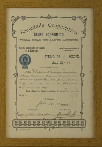 Lote 6 - TÍTULO DE 2 ACÇÕES DA "SOCIEDADE COOPERATIVA - GRUPO ECONÓMICO" - Villa Real de Santo Antonio, Sociedade de Responsabilidade Limitada, Capital constituído por 5$000 Reis, Título de 2 Acções, Sócio Nº 89, emitido em Villa Real de Santo Antonio a 