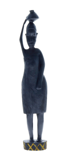 Lote 15 - ARTE AFRICANA, MULHER COM CESTO - Escultura em madeira exótica, representando "Mulher com Cesto", decoração entalhada e relevada. Dim: 35 cm (altura)